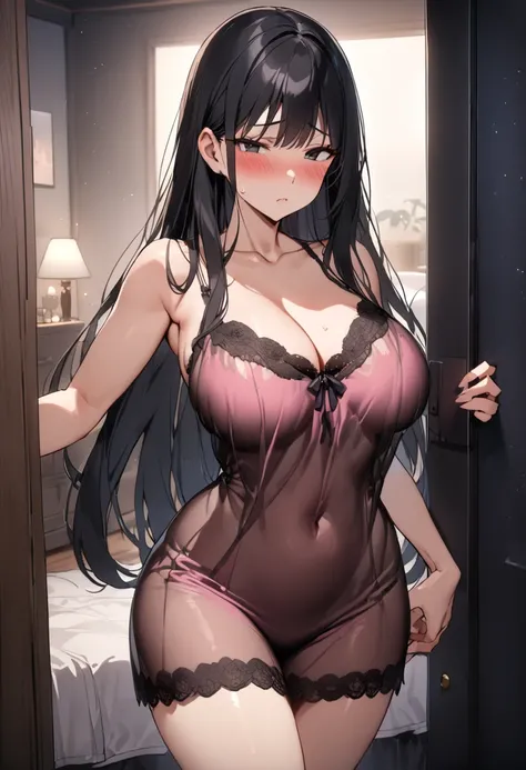 top quality, masterpiece,  high res, 8k,  1 girl, Alone,  expressive dark black eyes , mature woman, ((( straight hair))), ((( black hair))), Busty Wife, Sexy pink negligee, ((( see-through))),  looking at camera, (((cowboy shot))), (((Midnight Bedroom))),...