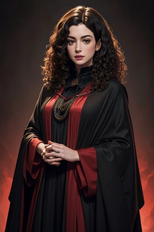 curly haired anne hathaway wearing black and red witches robes