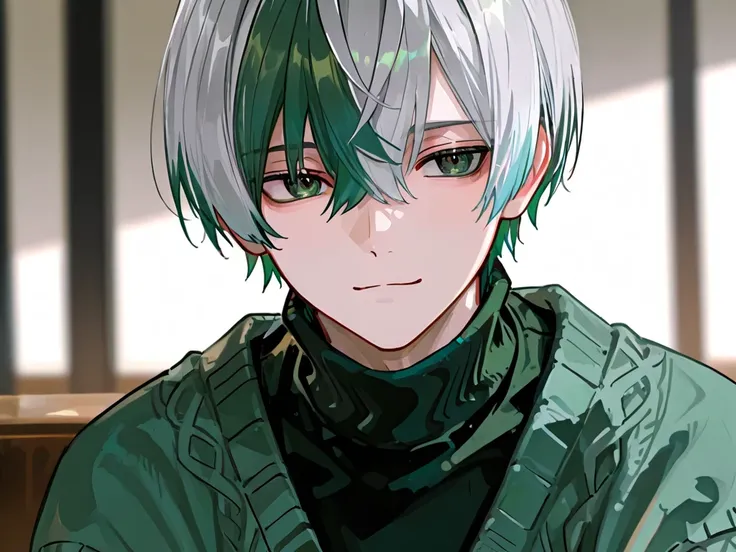  1 man,Age 35, turtleneck and cardigan
Silver gradation color hair,shortcuts
dark green eyes ,  Blurred Background