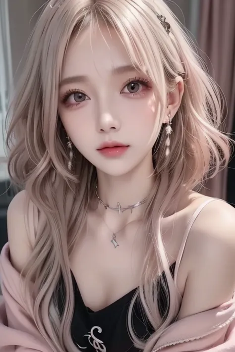 [[Light gray]] and （（Light pink））highlight hair color、1 girl, masterpiece,  ((Very Short Hair))、textured skin,  Hi-Res,  best quality,  Light grey hair、((The tips of the hair are curly and light pink))、 choker、Earrings、Droopy eyes、gothic punk clothes、