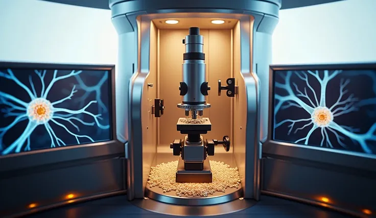 Close-up of a next-generation electron microscope analyzing brain tissue, futuristic screens displaying magnified neurons, ultra-detailed, 8k resolution, photorealistic lab environment