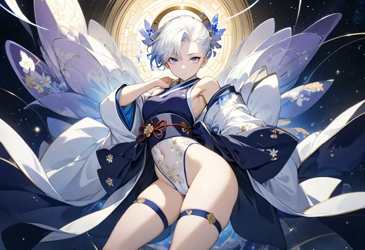 Fresh illustration,
Ultra-fine drawing,
Very delicate illustration,
Very fine details,
One boy,
Full body,
Height 158cm,
Fair skin,
Right eye is purple,
Left eye is blue,
Odd eyes,
Heterochromie iris,
Beautiful eyes,
Large black pupils,
Cleanly cut hairsty...