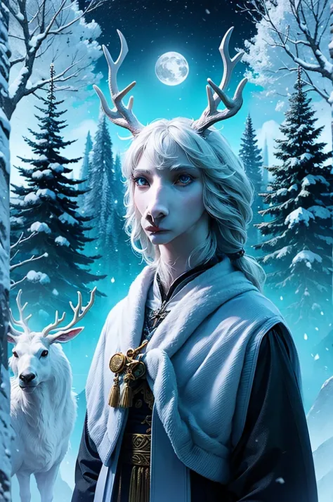 White deer,  turquoise eyes , white snow, Spruce forest, moonlight