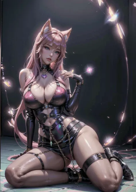 1 girl, Beautiful photorealistic Prestige KDA all out Ahri from League of Legends blushing, string bikini armor, Shibari, blindfold, electric chair, major cleavage, breast indentation, Ahri inside a Runeterra prison, slave collar, chain around her neck, ro...