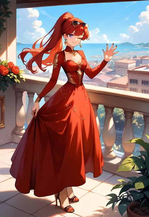 masterpiece, high definition , top quality,8k
(Mars ,red Hair, purple Eyes long hair, ponytail, sunglasses, red nails, gold earings)
(Red dress, heels, winking one eye, waving hand) evening, balcony, perfect lighting
smiling