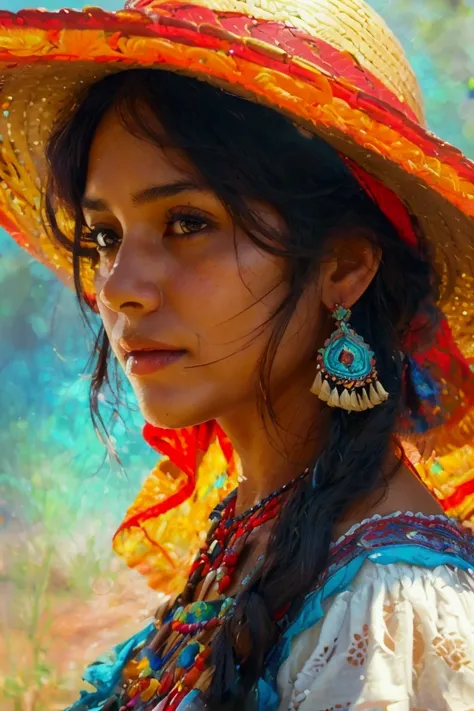 a beautiful latin american peasant woman wearing a hat, intricate detailed portrait, oil painting, close-up shot, cinematic lighting, warm color tones, soft focus, ultra-detailed, 8k, photorealistic, master piece