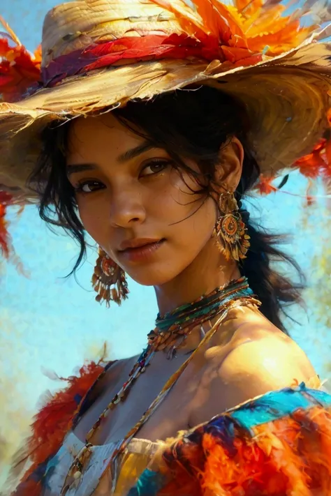 a beautiful indigenous latin american woman wearing a hat and spinning thread, oil painting, closeup portrait, exquisite details, warm colors, dramatic lighting, masterpiece, photorealistic, 8k, highest quality, detailed face, intricate fabric textures, fl...