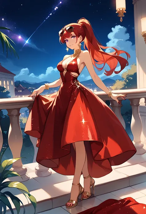 masterpiece, high definition , top quality,8k
(Mars ,red Hair, purple Eyes long hair, ponytail, sunglasses, red nails, gold earings)
(Red night dress, heels) evening, balcony, stars on the sky
smiling