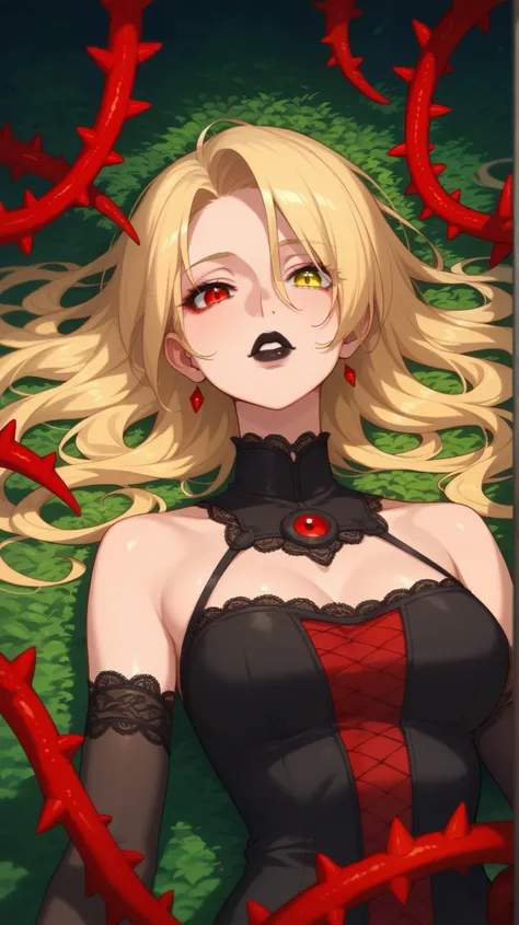 Heterochromia:   red right retina ,   yellow left retina  .  Red eye , left eye yellow  , Heterochromia,   right eye a red  , left eye yellow   ,   blonde , Japanese anime  ,   long blond hair lying on the shoulders, black lace , makeup ,   mature woman  ,...