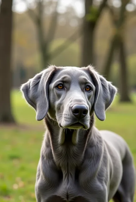 A gray dog of the Braco Weimar hound breed in a park with trees