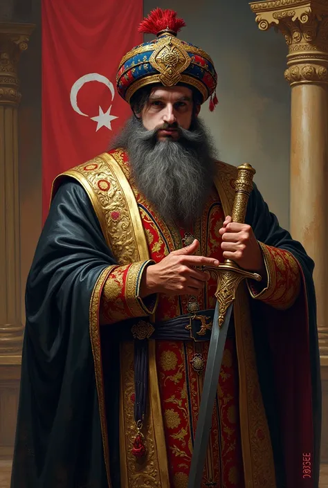 An Ottoman visier head, with intricate turban, aggressive, with Islamic takke and sarik behind the head, painting style. Rich clothes, colorfull mostly black and gold, battle equipment, crooked turkish saber in hand, flag of the beogradski pashaluk in the ...