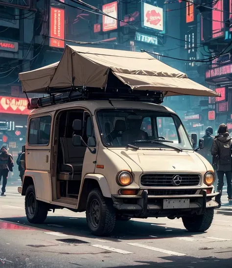 (Late Night:1.3), , ( beautiful skin texture in every detail ,  Detailsな美しい顔,  ultra detail clothing textures), , ( cyberpunk:1.4), , (an  ultra detailfour-wheeled and long bonnet tuk-tuk with load on roof carrier and eear loading platform with luggage on ...