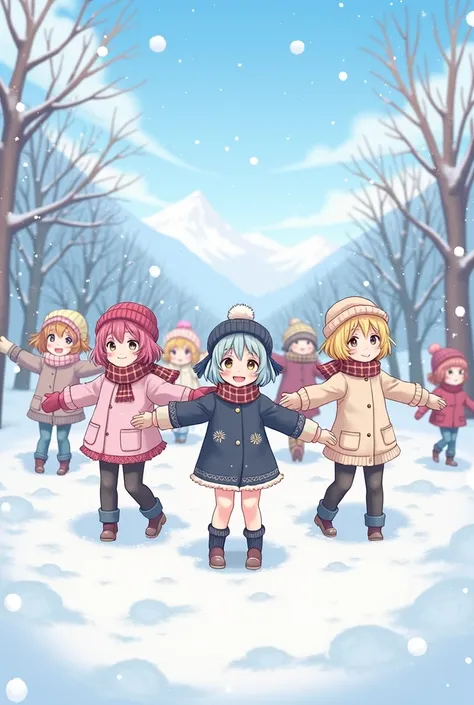 Group of​ anime girl playing snow in winter 