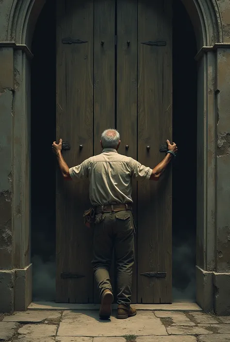 A man opening a large old door, The man with his back to the screen ,  pulling the door with both hands 