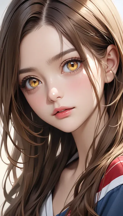       super realistic, Yellow eyes, long brown hair
