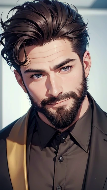 (best quality,4k,8k,highres,masterpiece:1.2),ultra-detailed,(realistic,photorealistic,photo-realistic:1.37),30 year old man,3 day beard,handsome anime,portraits,strong,masculine,dark hair,sharp jawline,mesmerizing eyes,perfectly styled hair,cool anime outf...