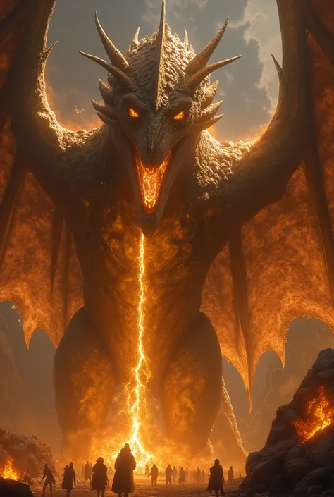 A towering, three-headed dragon with molten gold scales and glowing runes carved into its body. Its central head is adorned with Saurons spiked helmet, while the other two heads exude fiery energy. Its massive wings are draped with dark, ethereal shadows, ...