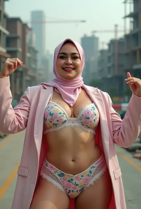 (UFC CHAMPION BELT), Nerd Long Hijab, (Spread Your Arms), Shiny Breasts, ((Hijab:1.14)), ((beautiful perfect teeth:3.33)), "Plumpers", ("Hijab Floral pattern"), Chubby Wearing Pastel Bra & ((transparent soft high panties lace)), "Facial expression in Happy...