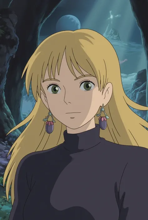 long straight light dirty blonde hair with whispy bangs, green eyes, dark eye makeup, big earrings, dark fantasy,80s anime, cartoon anime