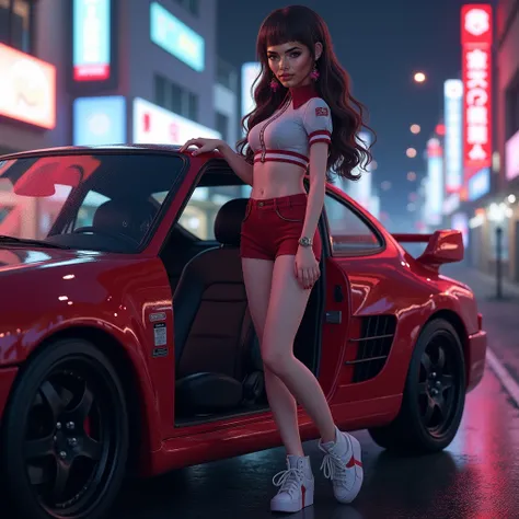 realstic photo of a brunette 21 years old softly curly pitgirl posing in front of an itasha car, outfit resembling a pitgirl and a real otaku girl, perfect body, photorealistic, night, neon, open cars door, she has a foot at the steep of the car, she is ab...