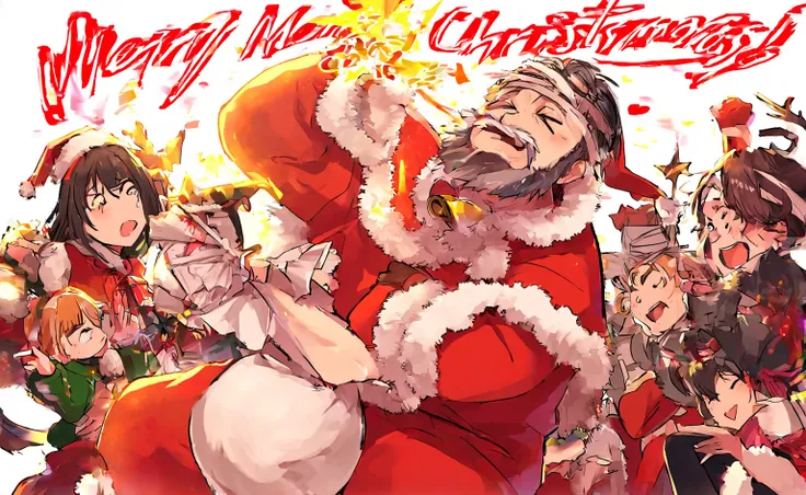 anime characters during christmas celebrating christmas dressed as santa claus and mummy claus