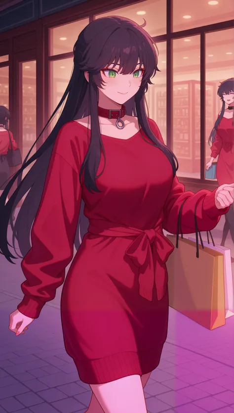 (((Yor Brian))) very detailed, high quality, masterpiece, 1 woman, walking down the street, shopping, happy expression, black hair, tied (Casual red sweater dress: 1.1), makeup light, (Collar: 1.2), showcase in the background, outdoors, sunny day.