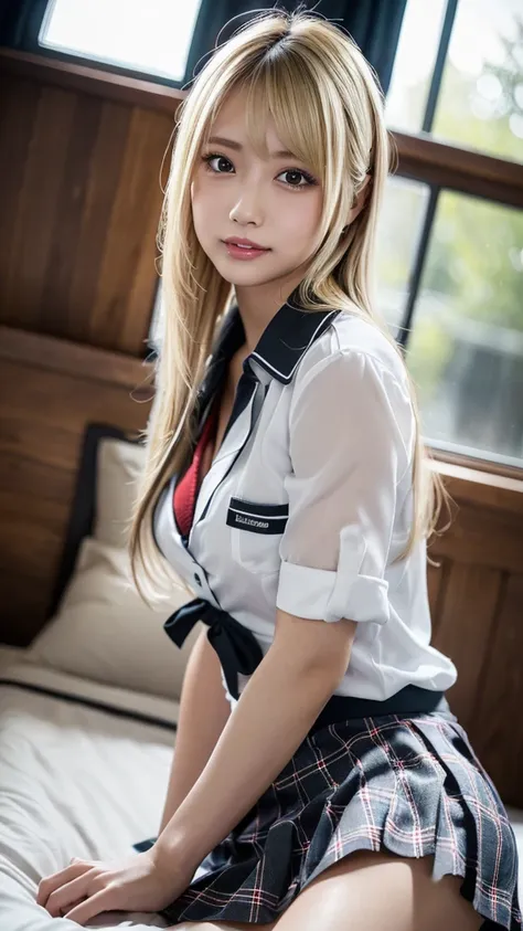 ((masterpiece,  top quality ,  high res,  Ultra Fine)),  Japanese Gals,( realistic :1.5)、 smiles、 Amazing Face 、 sharp mouth、 close your mouth、Glossy Lips 、 long hair,(Beautiful blonde:1.5)、 high school uniform ,( white dress shirt, very short plaid mini p...