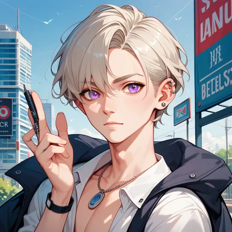 score_9, score_8_up, score_7_up,((8k)),1boy, university student, platinum blonde short hair ,Grey Eyes, Incredibly Handsome,Tall, slender,Unique and stylish outfit ,Piercing in one ear,Alone