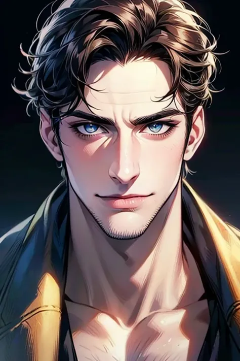 (best quality,4k,8k,highres,masterpiece:1.2),ultra-detailed,(realistic,photorealistic,photo-realistic:1.37),30 year old man,3 day beard,handsome anime,portraits,strong,masculine,dark hair,sharp jawline,mesmerizing eyes,perfectly styled hair,cool anime outf...