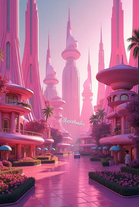  Create a city half pink and bright with the name "Marcelândia "  very apparent 