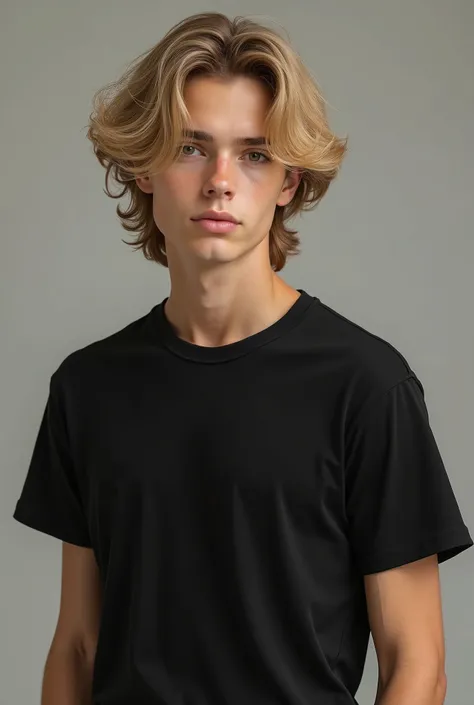 A beautiful boy. With fluffy blonde hair .  He has a black t-shirt and pants. Realistic, 18 years old.
