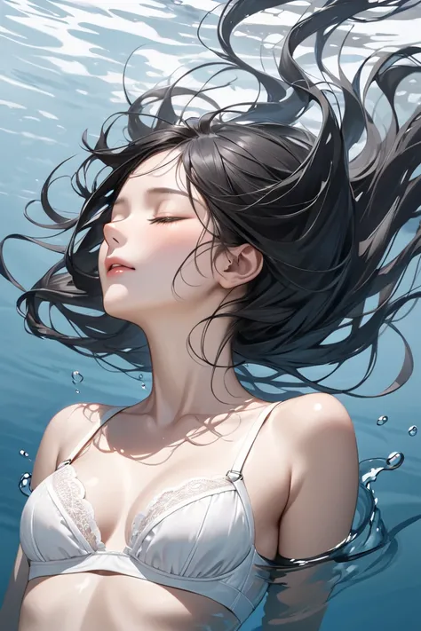 Ultra-realism

drowning woman
floating on the water surface
closed eyes
Look down
Slender body
black hair
white bra
Small basted