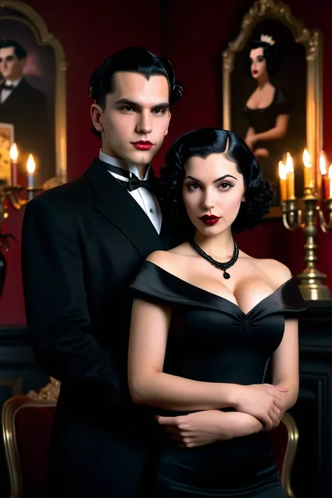 ultra realistic couples photo, dark academia, bella goth, woman with dark hair and features, very short and dark hair betty boop curled hair, dark academia, classic dark clothing, antique looking aesthetic, real photo, gorgeous room, dark gothic photoshoot...