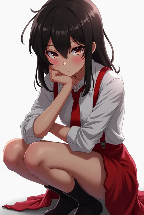 beautiful, masterpiece, best quality, extremely detailed face,  perfect lighting, 1girl, solo,  matoi ryuuko b, senketsu, suspender skirt, squatting,blush,  cowboy shot