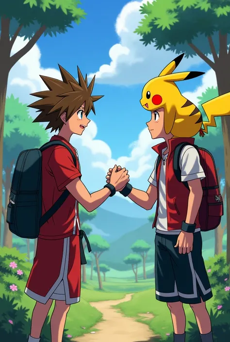 Create a character Sora by shaking hands with the character Red with Pikachu on his shoulder 

