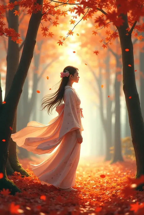 anime　autumn leaves　woman