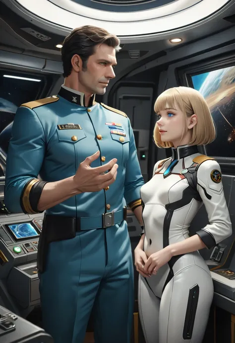 A tall man, 195 cm tall, blond, classic haircut, blue almond-shaped eyes, strong build, starship captains uniform, man smiling, standing in a relaxed position. Next to him is a girl, 157 cm tall, brown hair, bob haircut, hair tucked behind her ears, blue e...