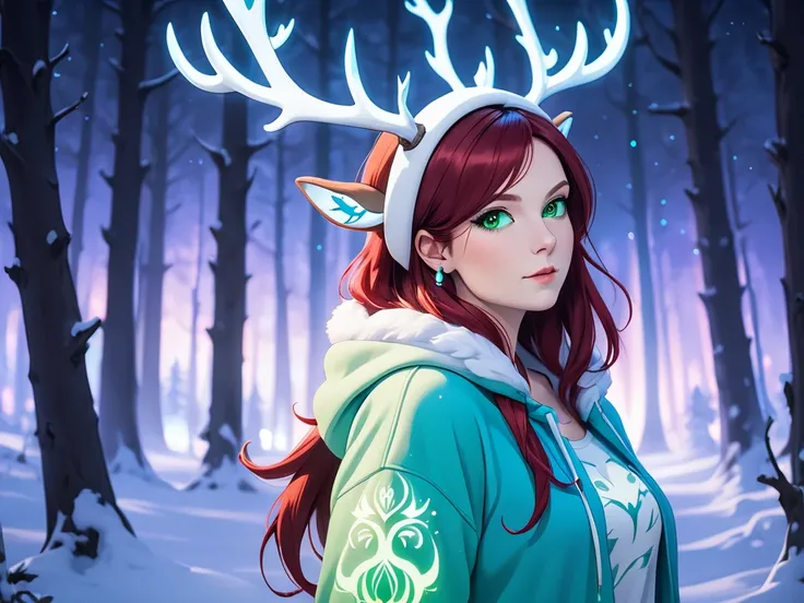 high production value modern fantasy-style candid picture of a woman in her 30s with fair skin, very light make-up, soft face, straight shoulder-length vibrant dark red hair, green eyes, wearing a modern light blue hoodie with white flames on the sleeves, ...