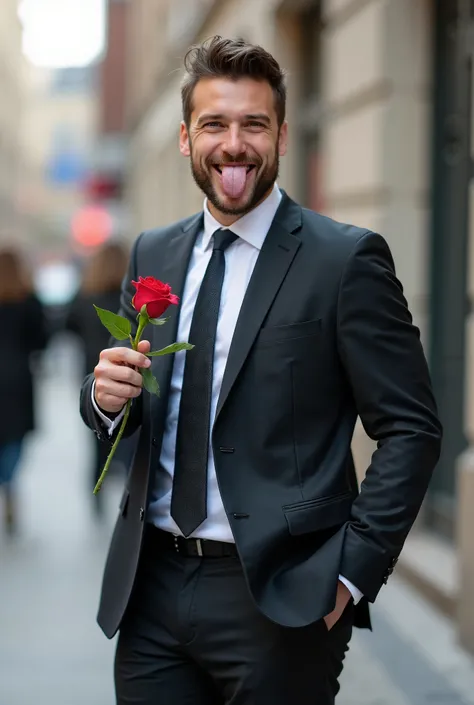 A horizontally graphic photograph of a simple, ordinary citizen in a suit and tie with manicured hair and a happy look and a tongue with a rose in his left hand, standing by the street and the bustle of the sidewalk with a smile on his face and his right h...