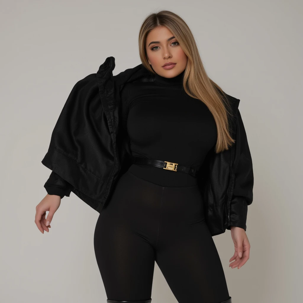 (8K, HDR, highres), ((((Photography, RAW photo, hyperrealism, masterpiece, best quality, ultra highres)))),Kylie Jenner is wearing a black turtleneck , black pants , and black thigh-high boots . She is also wearing an oversized black coat and a gold belt
