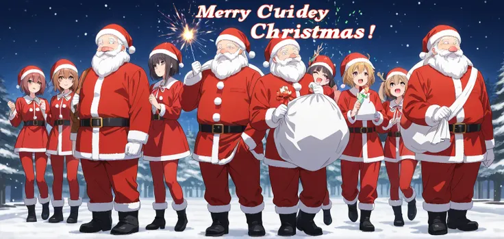 anime characters during christmas celebrating christmas dressed as santa claus and mummy claus