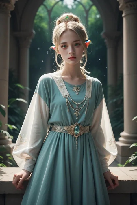 An elf girl with blond hair and green eyes, hair tied in a small bun, with loose hair, wearing a long decorative shawl from her neck to knees, modest, loose dress, long sleeved, covers all parts of body except face, long gloves. A high-necked clothing unde...