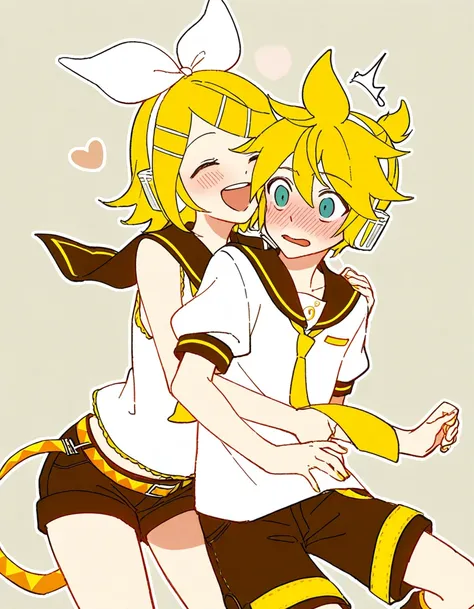 one boy and one girl, Kagamine Len and Kagamine Rin, girl hug boy from behind, (boy is surprised and embarrassed), sailor collar, short pants, necktie, girl smiles at boy, boy is in love with girl