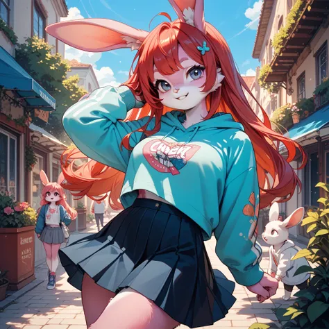 rabbit, furry,  big boobs, sweatshirt, skirt,  red hair, pink fur, 