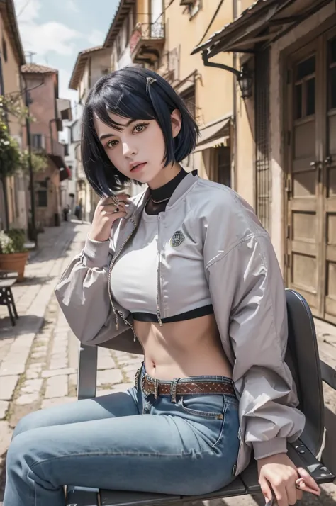 1girl, short blue hair, yellow eyes, (long sleeved crop puffer jacket, long jeans, iron belt), ((midriff, navel)), photo pose, sit on bench, old italian town, (masterpiece, high details, best quality, highres, HD, 4K, 8k, super detail)