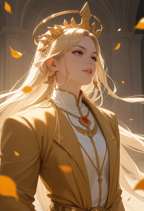 Lina in ancient Rome, a majestic sorceress with a red and gold robe, flames dancing in her hands. She wears a crown of golden leaves, and her cape flows in the wind. As the fire priestess of the temple, she turns her enemies to ashes with her burning magic...