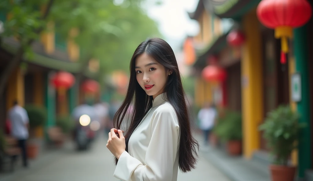 8k, (solo:1.2), super sharp, Hanoi visit, Hanoi background in summer, beautiful vietnamese woman, 19 years old, black hair, Vietnamese modest style white aozai, touch own hair, look back to viewer, nice ass