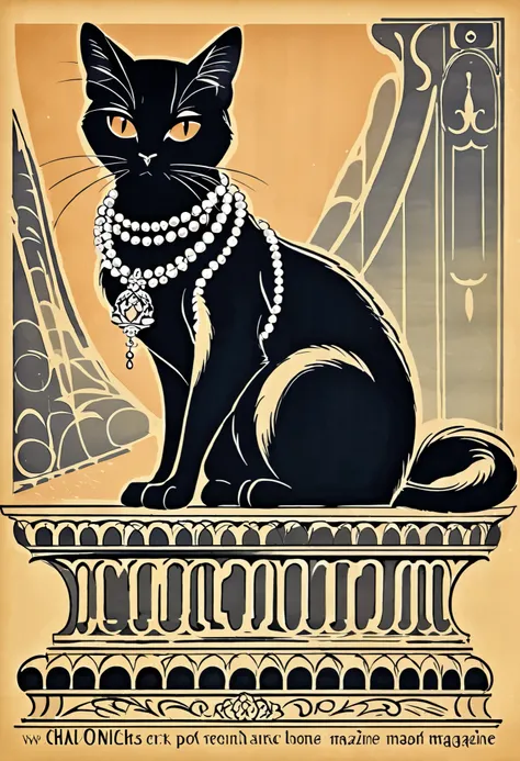 vector art, arafed black cat sitting on a pedestal with a pearl necklace, elegant cat, 1920s advert, 1960s advertisement, luxury advertisement, magazine advertisement, 1960s perfume bottle ads,