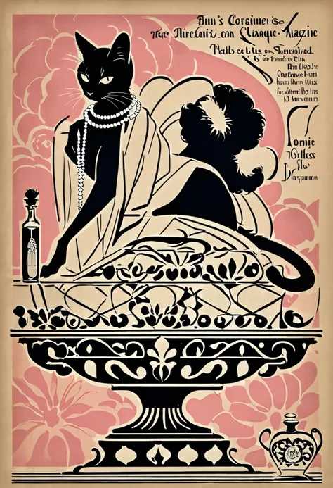 vector art, arafed black cat sitting on a pedestal with a pearl necklace, elegant cat, 1920s advert, 1960s advertisement, luxury advertisement, magazine advertisement, 1960s perfume bottle ads,