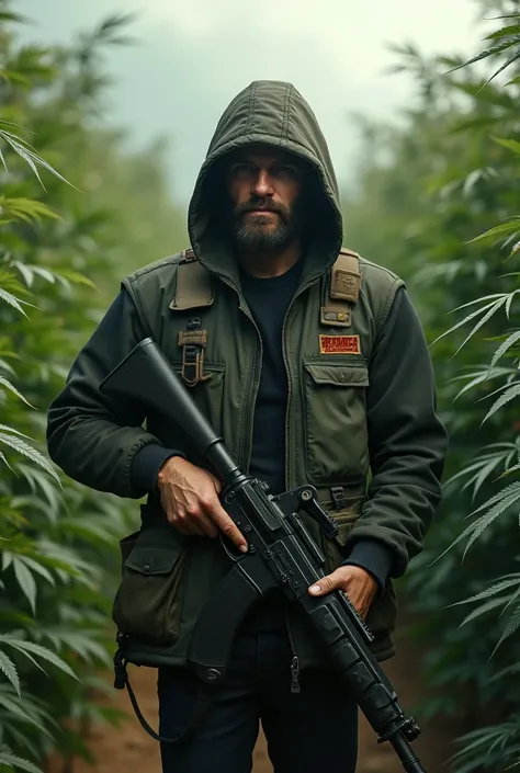 Crée moi homme armé avec un gilet par balle avec le nom sur le gilet qui est (PARMENTIER)et en arrière-plan des plantation immense de weed
Je veux que lhomme porte une cagoule 